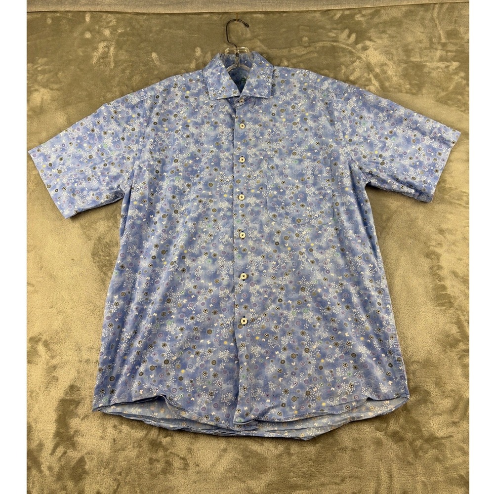 Alan Flusser Mens Blue Floral Butterfly Short Sleeve Cotton Button Down Shirt M